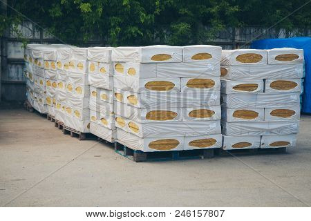 The Texture Of Mineral Wool For Insulating The Walls. Warehouse Of Products Ready For Import