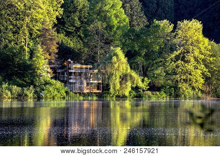 Lonely Little House In The Forest By The Lake. Relaxing Scene,  The House And Trees Are Beautifully 