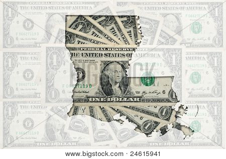 Kontur mapa Luisiana z przezroczystego amerykański Dolar banknotów w tle