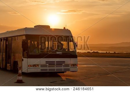 Shuttle Buses At The Stop Of The Airport In The Rays Of The Setting Sun Warm, Yellow Background, Mou
