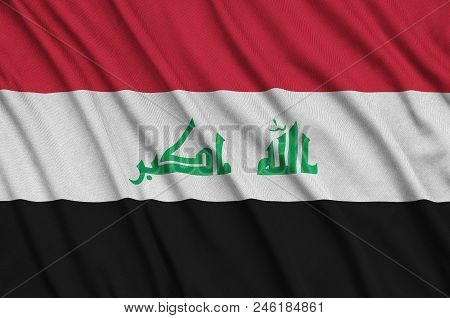 Iraq Flag  Is Depicted On A Sports Cloth Fabric With Many Folds. Sport Team Waving Banner