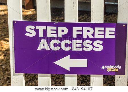 London. June 2018. A View Of A Sign Stating Step Free Access, For The Underbelly Festival Along The 