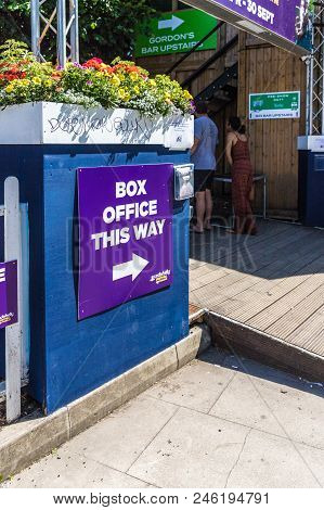 London. June 2018. A View Of A Sign Stating Box Office This Way For The Underbelly Festival Along Th