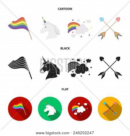 Flag, Unicorn Symbol, Arrows With Heart.gay Set Collection Icons In Cartoon, Black, Flat Style Vecto