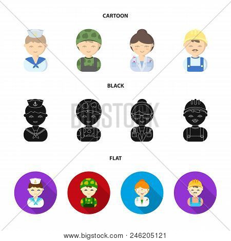 Sailor, Soldier, Scientist, Builder.profession Set Collection Icons In Cartoon, Black, Flat Style Ve