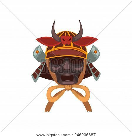 Fearsome Samurai Warrior War Mask Vector Illustration Isolated On A White Background.