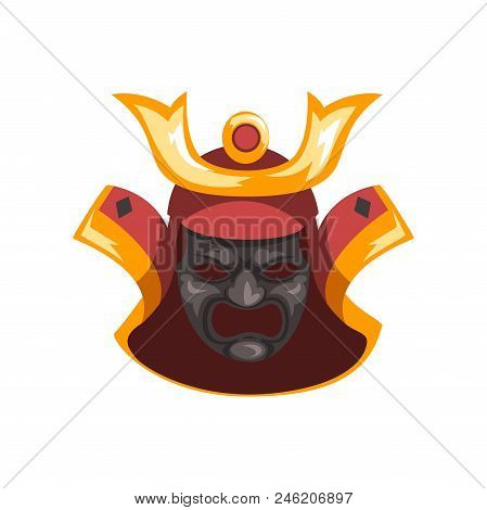 Fearsome Ancient Samurai Warrior War Mask Vector Illustration Isolated On A White Background.