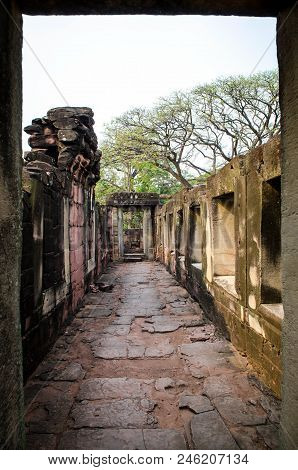 Stone Corridor Anicient Walkway Around Stone Castle Of Phimai Historical Park, Thailand.