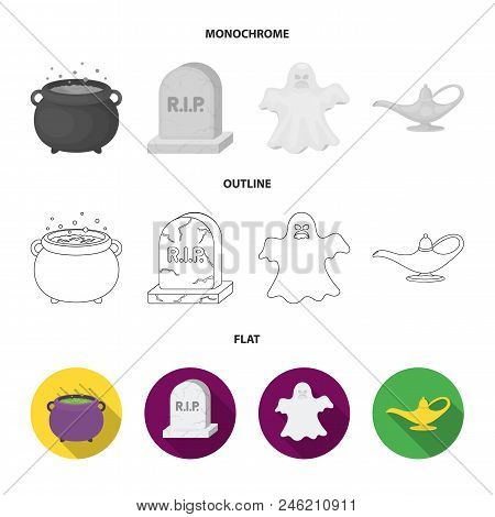 A Witch Cauldron, A Tombstone, A Ghost, A Gin Lamp.black And White Magic Set Collection Icons In Fla