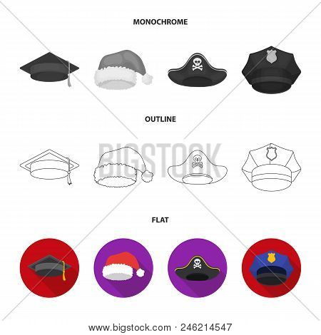 Graduate, Santa, Police, Pirate. Hats Set Collection Icons In Flat, Outline, Monochrome Style Vector