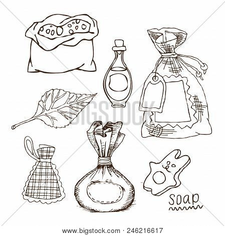 Set Of Bags For Bath Flavors, Salt, Oil For Russian Bath For Body Hygiene. Set Of Accessories For Ba