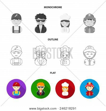 Mechanic, Entertainer, Cook, Fireman.profession Set Collection Icons In Flat, Outline, Monochrome St
