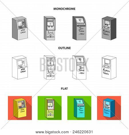 Cash Machine For Cash, Terminal For Payment, Ticket Machine. Terminals Set Collection Icons In Flat,