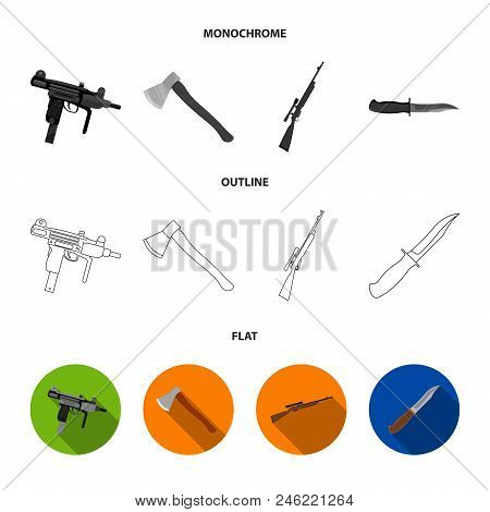 Ax, Automatic, Sniper Rifle, Combat Knife. Weapons Set Collection Icons In Flat, Outline, Monochrome
