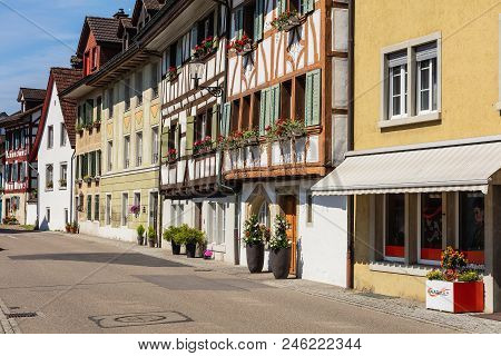 Bremgarten, Switzerland - June 16, 2018: Buildings Of The Historic Part Of The Town. Bremgarten Is A