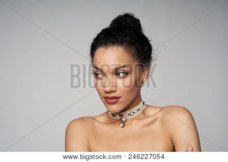 Beauty Closeup Profile Portrait Of Beautiful Mixed Race Caucasian - African American Woman Wearing C