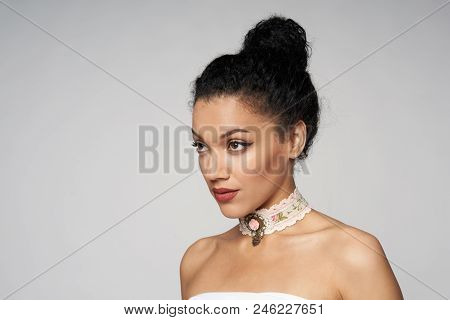 Beauty Closeup Profile Portrait Of Beautiful Mixed Race Caucasian - African American Woman Wearing C