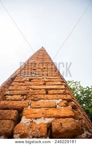 Brick Tower At Buddhist Temple In Ayutthaya, Thailand