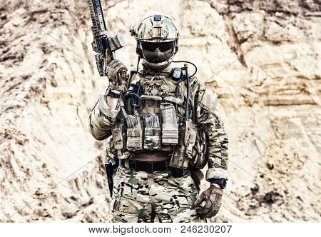 Army Soldier, Private Military Company Fighter With Hidden Identity In Battle Uniform, Helmet, Body 