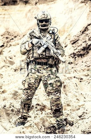 Army Soldier, Private Military Company Fighter With Hidden Identity In Battle Uniform, Helmet, Body 