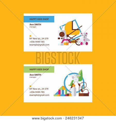 Business Cards Good For Kids Shop Or Children Goods Store In Bright Colors On White Background. Vect