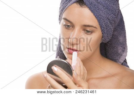 Lips Skin Care. Beautiful Woman Face Applying Hygienic Lip Balm, Lipcare Stick. Closeup Of Female Fa