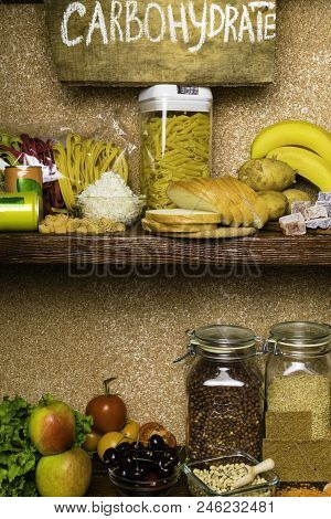 Assortment Of Products Rich Of Complex Carbohydrates. Healthy Food On Stone Background. Space For Te
