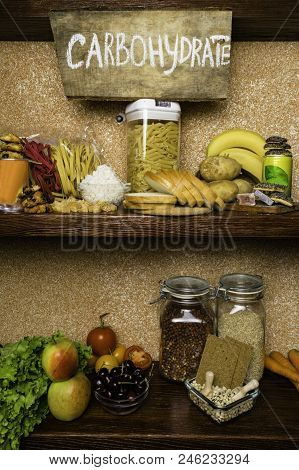 Assortment Of Products Rich Of Complex Carbohydrates. Healthy Food On Stone Background. Space For Te