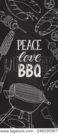 Bbq And Grill Banner With Sketch Objects. Hand Drawn Barbecue Elements Around Decorative Text. Bbq P