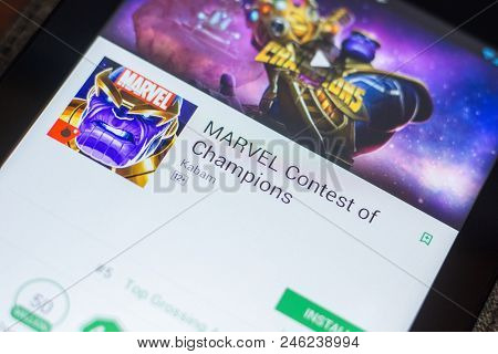 Ryazan, Russia - May 16, 2018: Marvel Contest Of Champions Mobile App On The Display Of Tablet Pc