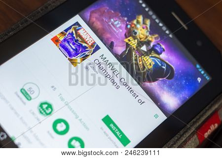 Ryazan, Russia - May 16, 2018: Marvel Contest Of Champions Mobile App On The Display Of Tablet Pc