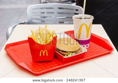Moscow, Russia, March 15 2018: McDonald's Big Mac hamburger menu, French Fries and Coca Cola