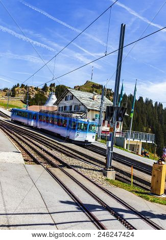 Rigi Bahn Electric Cable Tram  On Rigi Kulm , Alpine Mountain