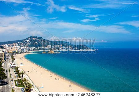 Beautiful Aerial View Of Beach And Town Blanes, Costa Brava, Catalonia, Spain - May 23, 2018: City B