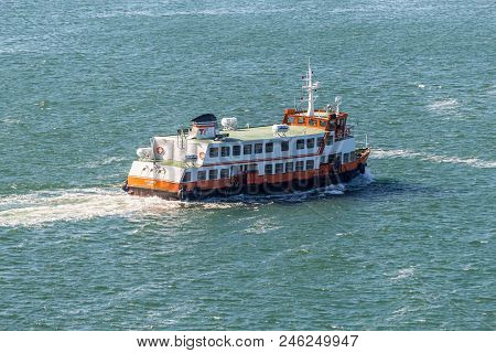 Lisbon, Portugal - May 19, 2017: Passenger Ship Dafundo Goes In The Tagus River, Lisbon, Portugal.