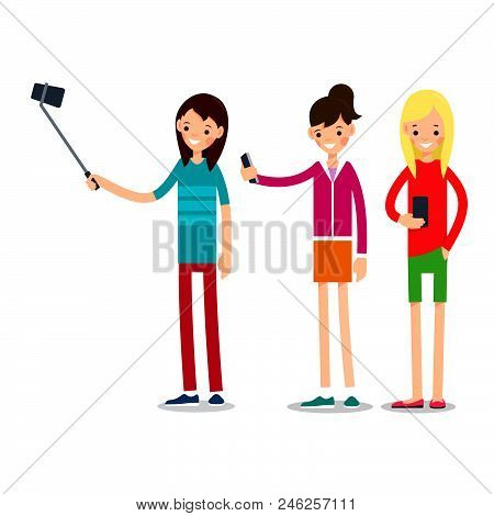 Girl Selfie. Friends Do Joint Self-portrait Photograph. Happy Smiling Young Women Taking Selfie Phot