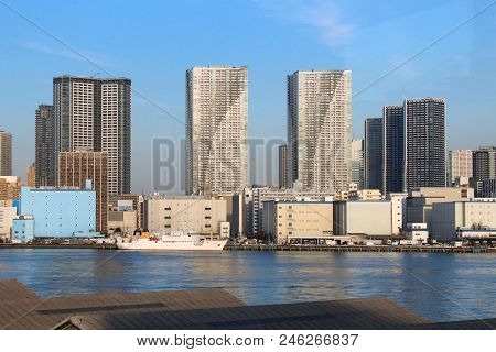 Tokyo Kachidoki And Toyomicho Skyline - Modern City And Harbor Factories.