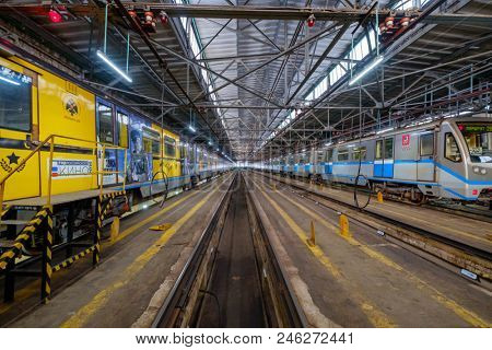 Moscow, Russia - April 15, 2018: Subway train metro depot Krasnaya presnya interior