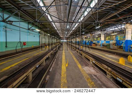Moscow, Russia - April 15, 2018: Subway train metro depot Krasnaya presnya interior