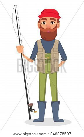 Fisher Cartoon Character. Fishermen Holding Fishing Rod. Vector Illustration On White Background
