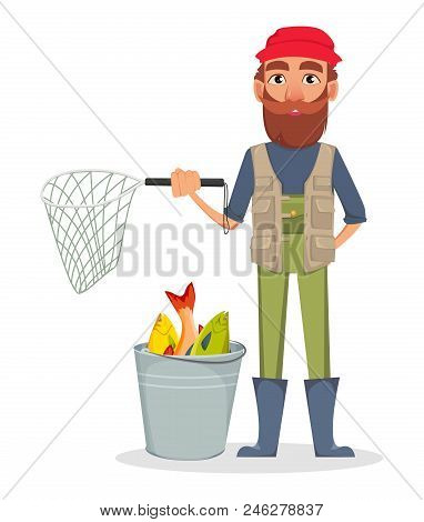 Fisher Cartoon Character. Fishermen Holding Nettle And Standing Near Bucket Full Of Fish. Vector Ill