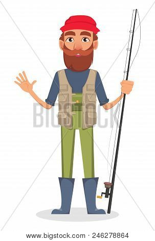 Fisher Cartoon Character. Fishermen Holding Fishing Rod And Waving Hand. Vector Illustration On Whit