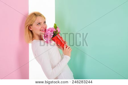 Who Is Her Secret Admirer Lady Happy Received Flowers From Secret Admirer. Girl Hold Bouquet Flowers