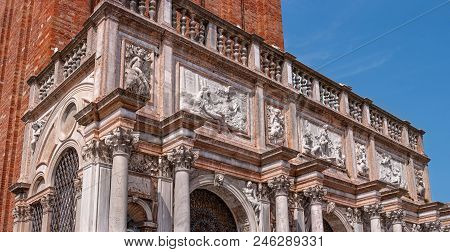 Fragment Of St Mark's Campanile - Famous Bell Tower Of St Mark's Basilica And Loggetta. Piazza San M
