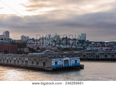 San Franciso, Ca -- January 25, 2016. The Port Of San Francisco As Dusk Falls Over The City.