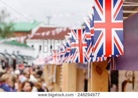 Shallow Focus Image Of A Union Jack Flack On A Row On Flag Bunting, Above A Market Stall. Shallow Do