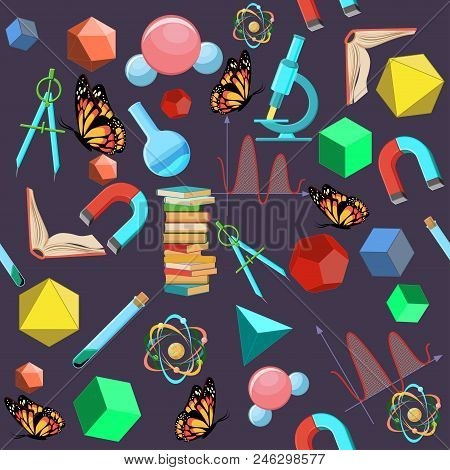 Back To School Seamless Pattern With Science Elements On Dark Purple Background. Science For Kids Co