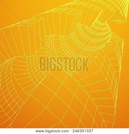 Futuristic Tunnel Of Wireframe Low Poly Mesh Construction. Futuristic Background, Business Concept. 