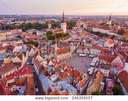 June 30, 2018. Tallinn, Estonia. Beautiful Orange Sunset Over Old Town Of Tallinn In Estonia With Th