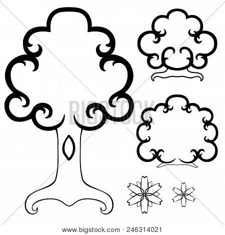Tree, Bushes, Flowers. Spring And Summer. Black And White Linear Set. Coloring Book For Adult And Ol